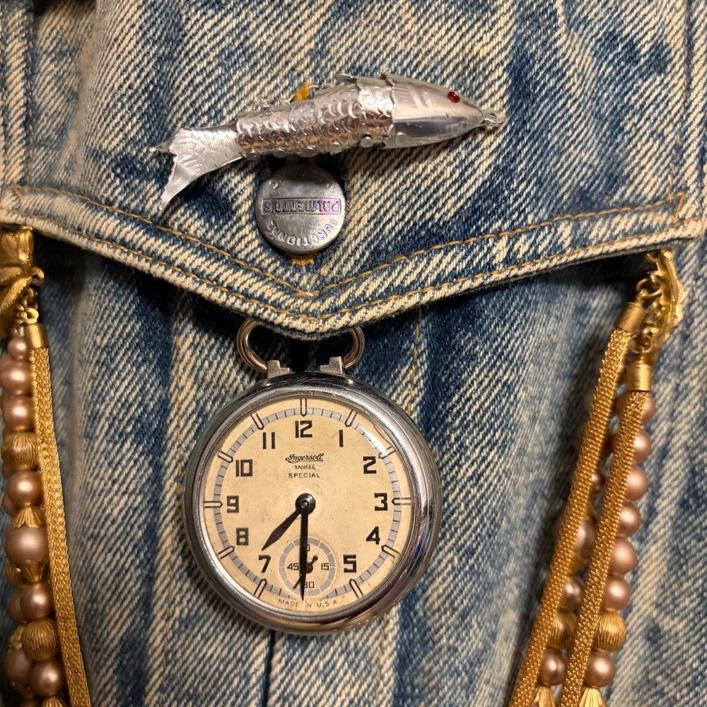 Legends & Fables Upcycled‎ Steampunk Denim Jacket w/ Vintage Watch Size L - Picture 7 of 16